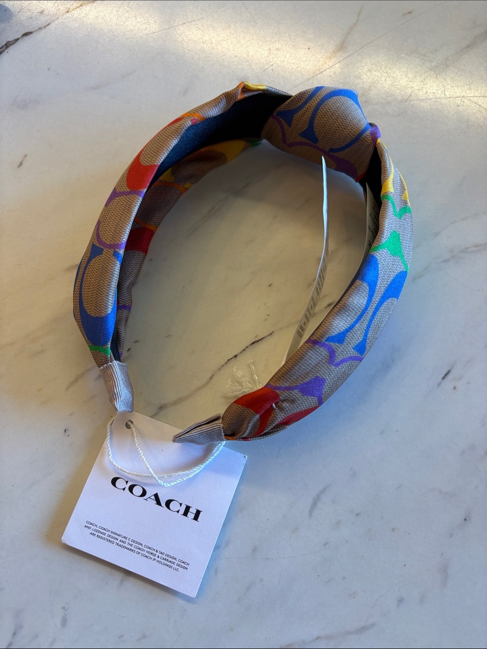 Coach Multicolor Signature Knot Headband in Tan with Bright Logo Accents